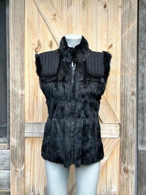 Linda Richards Luxury Black Genuine Rabbit Fur Knit Reversible Vest Jacket~M~
